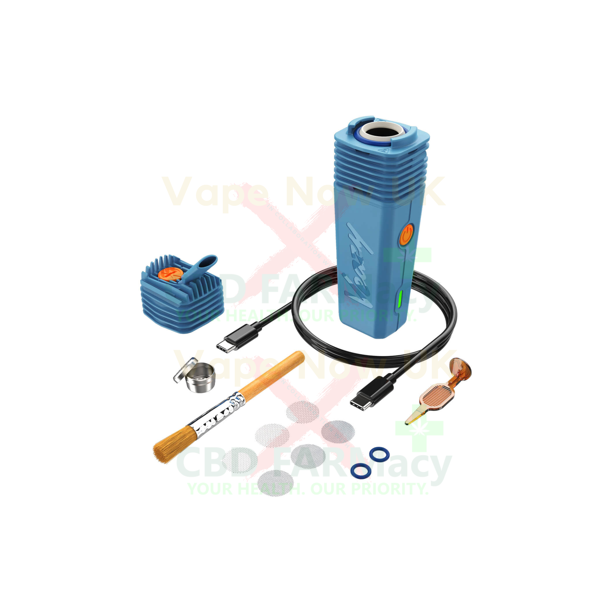 Veazy with dosing capsule and brush accessories laid out for cleaning